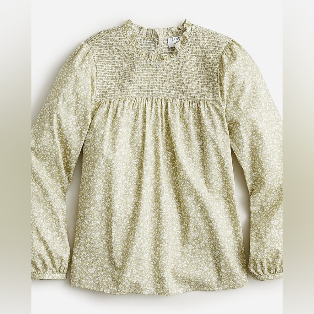 J. Crew Yellow Green Floral Smocked-Yoke Long-Sleeve Top